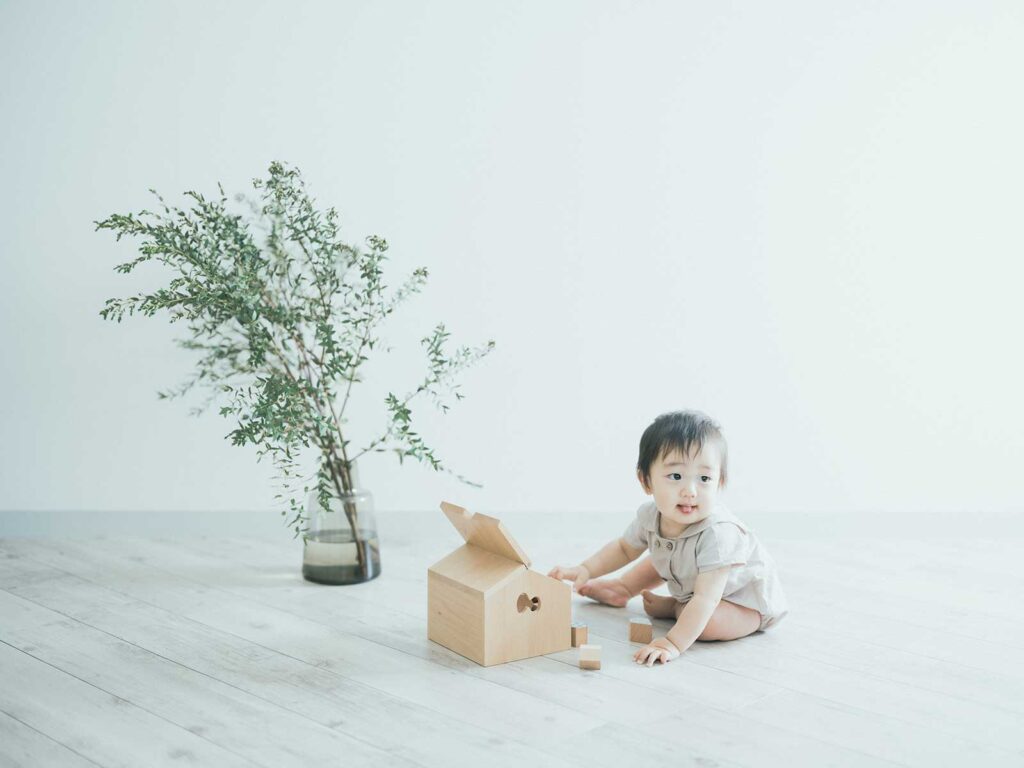 宇都宮市のフォトスタジオ、ゆうりくん、1歳バースデー！みなぺるほねんの積み木