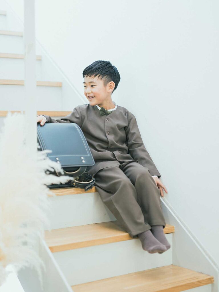 入学記念フォト、りつきくん！ランドセル