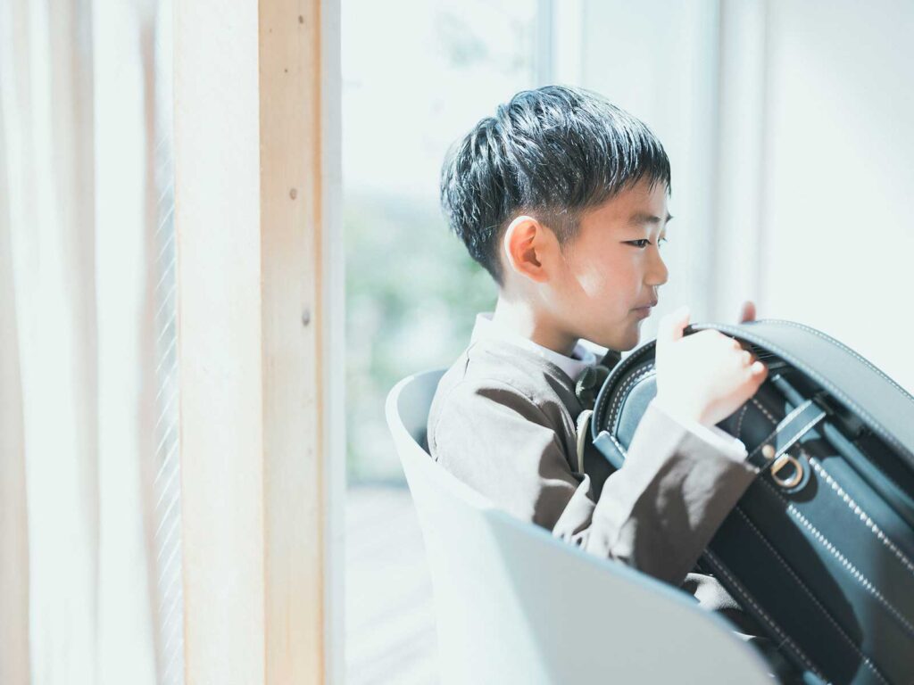 入学記念フォト、りつきくん！ランドセル