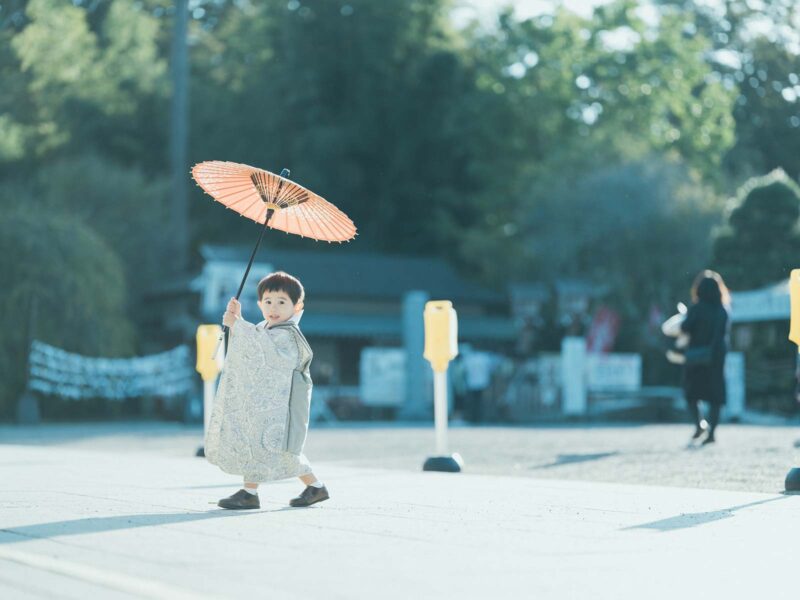 真岡市大前神社、3歳男の子の七五三、みねくん！番傘